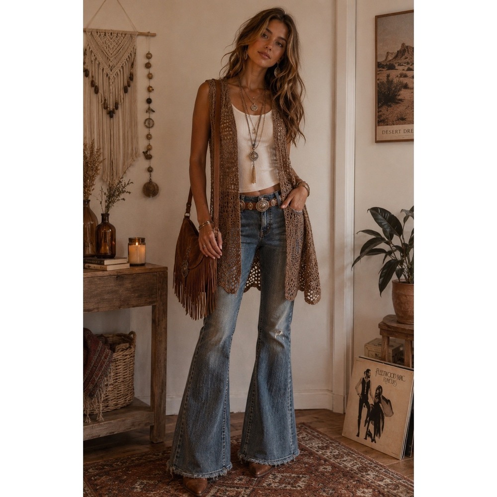 Chaudry KC Y2K Metallic Bronze Crochet Maxi Cardigan L Indie Sleeze Festival